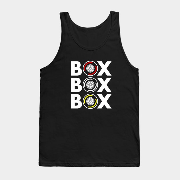 Box Box Box F1 Tyre Compound White Text Design Tank Top by DavidSpeedDesign